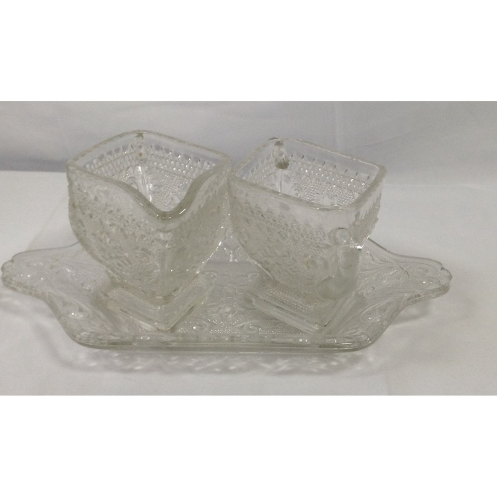 Vintage Crystal Cream & Sugar Bowl‎ With Plate , Etched Floral & Diamond Pattern